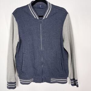 Gap Mens Small S Blue Gray Knit Bomber Jacket Full Zip Stripe Ribbed Hem Cuff